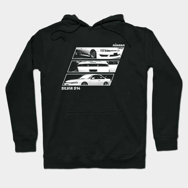 NISSAN SILVIA S14 KOUKI Black 'N White Archive 2 (Black Version) Hoodie by Cero